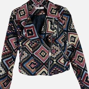 NEW Nasty Gal Vera & Lucy Aztec Southwest Tapestry Cropped Moto Jacket